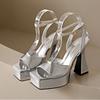 Fashion Women's Heeled Shoes Silver French Style High-heeled Sandals Shoes for Women Summer New Shallow Mouth Square Toe Sandalias Mujer