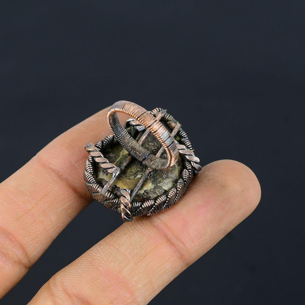 Ammonite Fossil Gemstone Copper Wire Wrapped Handmade Jewelry Ring