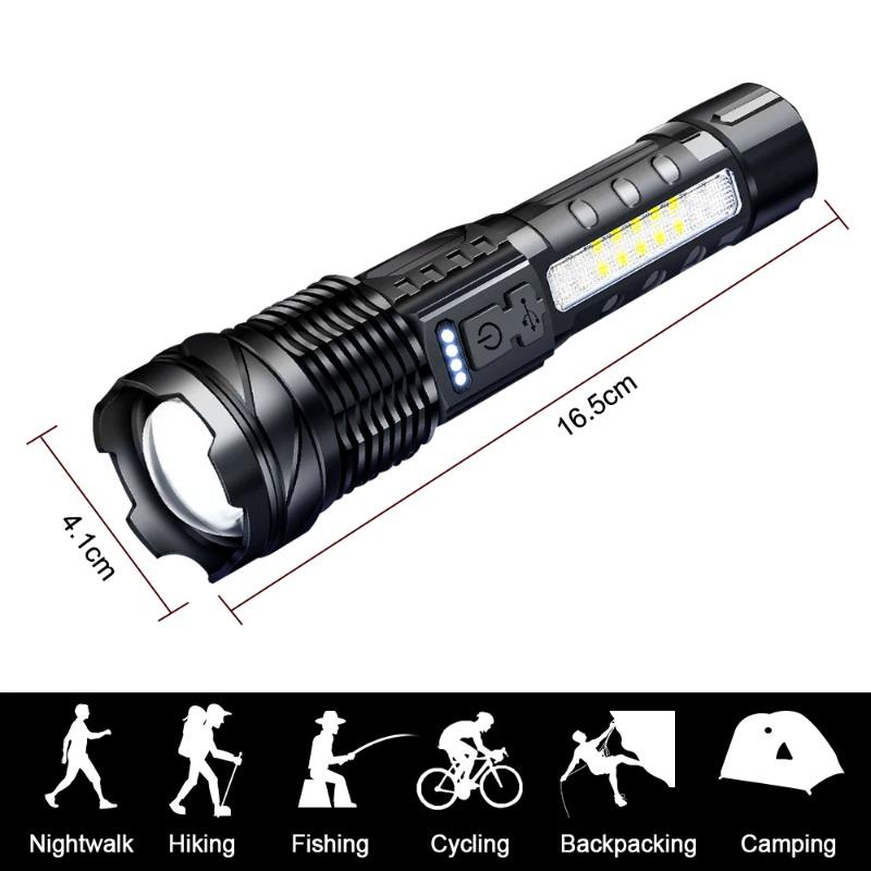 1500mAh High Power LED Flashlights Camping Torch With LED Beads And COB Side Light Rechargeable Portable Hand Camping Hiking