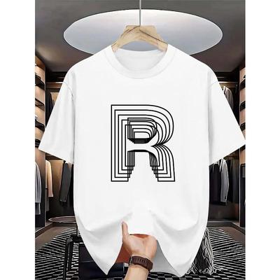 Europäische Größen Herren Freizeit Sommer T-Shirt mit geometrischem _R_ Aufdruck - Weich, Atmungsaktiv, Rundhalsausschnitt, Perfekt für das Fitnessstudio