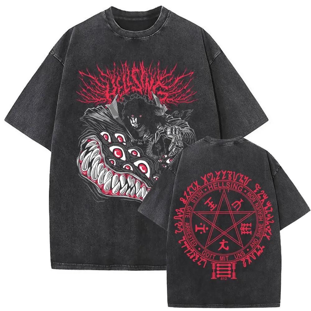 Washed Vintage Anime Hellsing Abraham Van Helsing Vampire Alucard Double Sided T-shirts Men's 90s Manga T Shirts