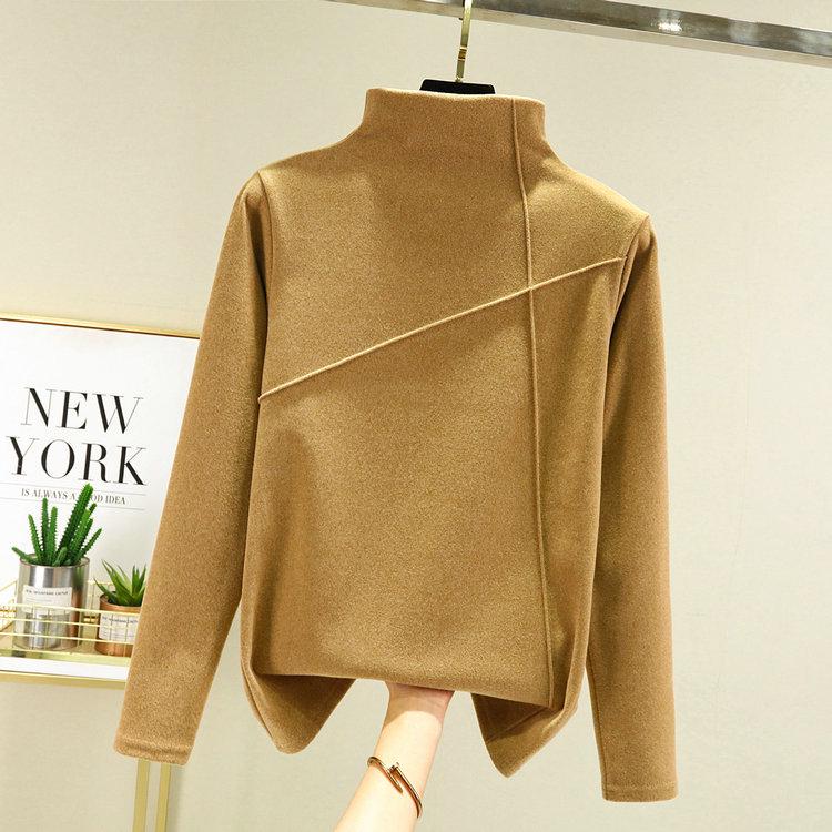 

Жіноча двостороння флісова футболка з напіввисоким коміром і довгим рукавом у корейському стилі, осінь/зима, з дизайном подвійних смуг XXL хакі
