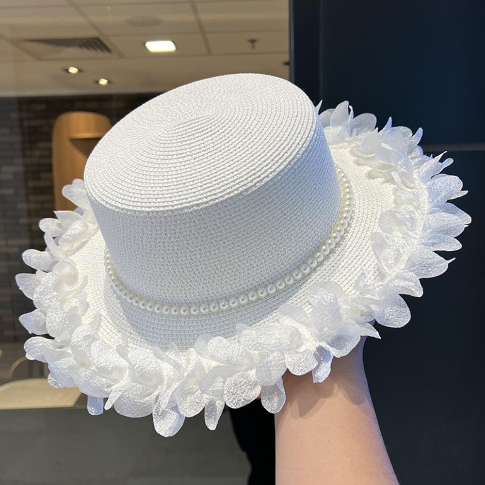 Wide Brim Flat Top Hat Petal Lace Summer Hat New Lace Sun Hat for Beach and Daily Wear