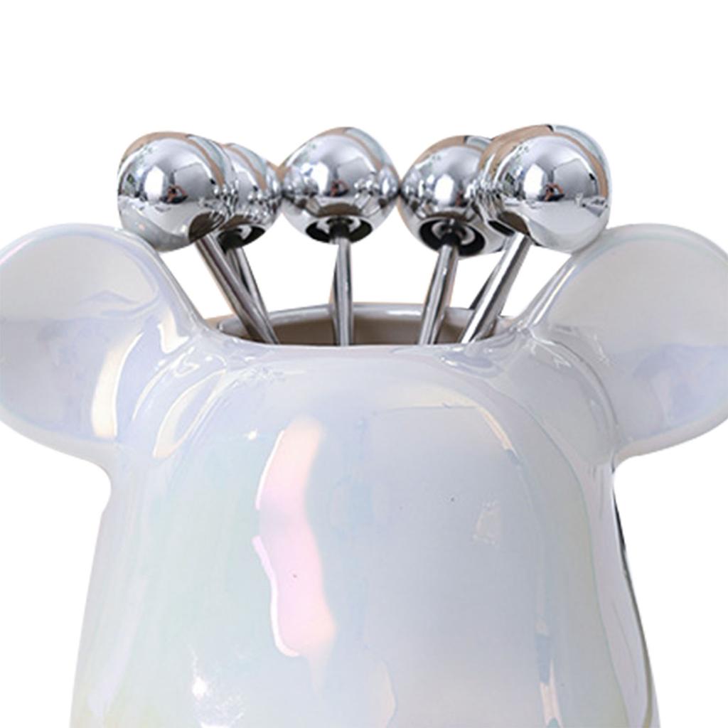 Fruit Fork Storage Jar Cute Animal Shape Ceramic Fork Holder Jar with 6 Stainless Steel Fruit Fork for Home Kitchen