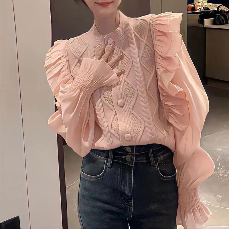 

Кардиган вязаный женский с рукавами-буфами в виде листьев лотоса, весенний новый дизайн, универсальный топ для женщин One size розовый