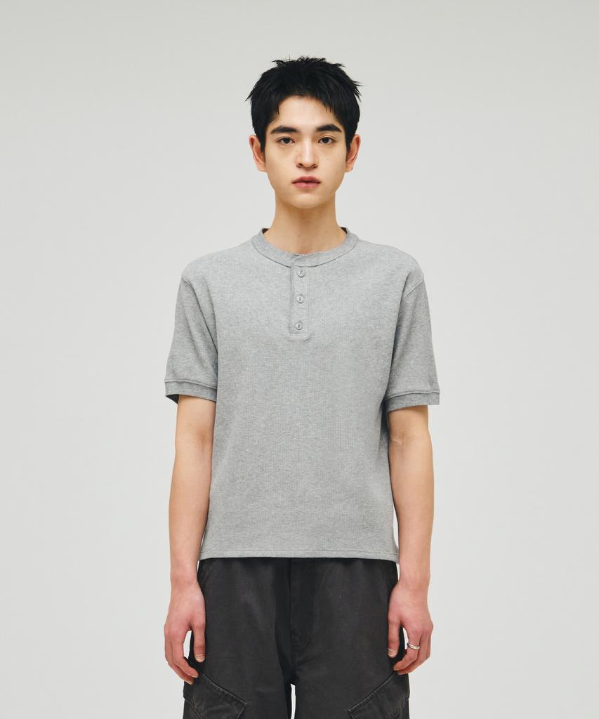 ECORR Waffle Henley Neck Crop Short Sleeve T-Shirt_Melange Gray