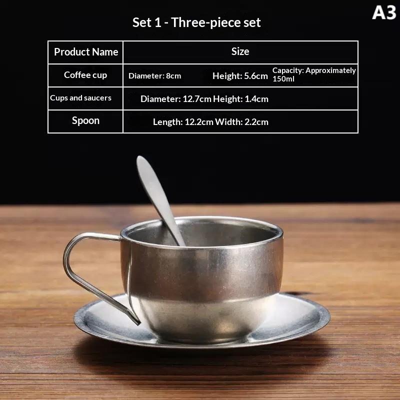 170/200/250/280Ml Stainless Steel Coffee Cup Milk Cup And Saucer Set With Saucer Mat Spoon Handle Easy To Clean And Reusable