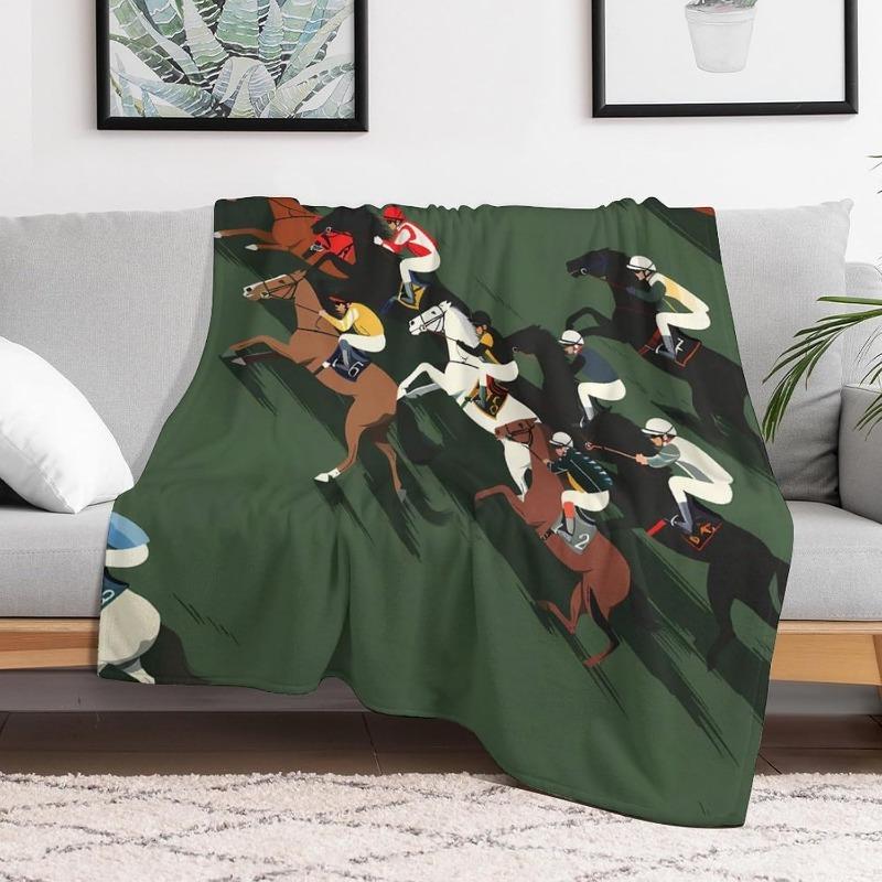 1ks 51,2x59,1 palce Měkká přehoz z umělé kožešiny - Současný vzor koňských dostihů, Živě zelená s vícebarevnými žokeji, Vše-S