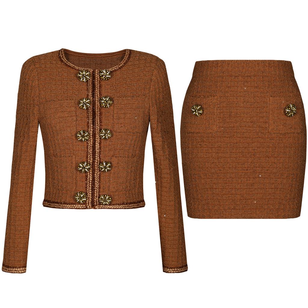 High-end quality spot spring and autumn new knitted Internet celebrity flower long-sleeved top jacket + trousers suit women 25252
