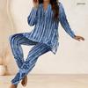 Women Plus Size Blue Printed Front Zip Long Sleeve Longline Top Fitted Pants Two Piece Set