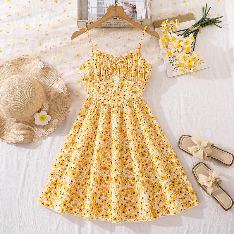 

Sweet Yellow Dress for Girls - Summer Children s Elegant Floral Halter Dress 130cm=8Y жёлтый