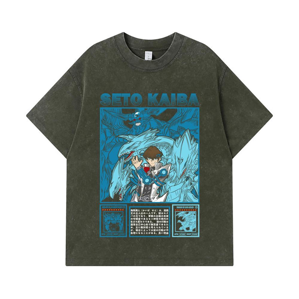 275 GSM Washed T-shirts 100% Cotton Yu-Gi-Oh V6 Seto Kaiba Print Unisex Heavy Cotton T Shirt S