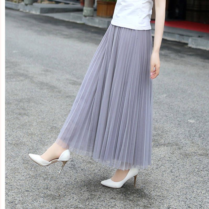 Vintage Tulle Skirt Women Streetwear Elastic High Waist Mesh Pleated Skirts Summer Elegant Korean A Line Office Ladies Skirt