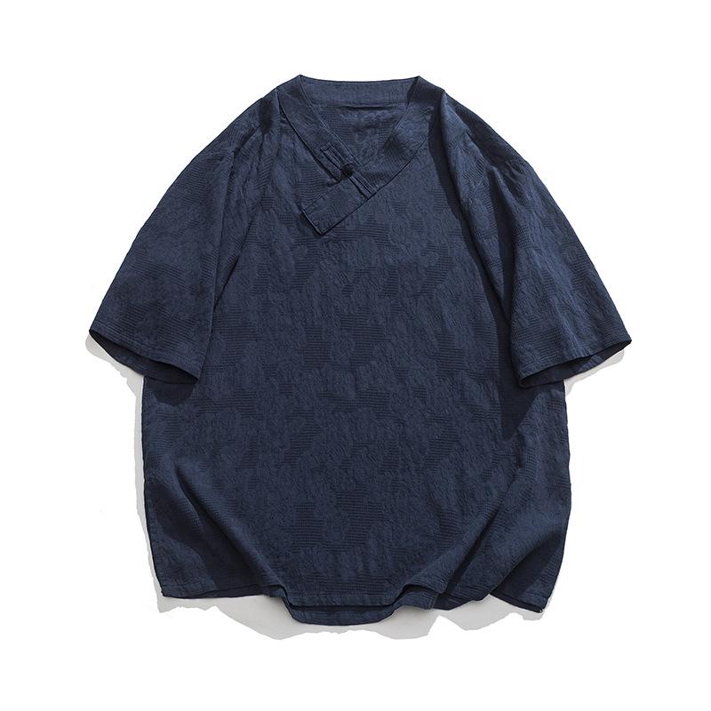 2024 Men's Summer Cotton Linen Short Sleeve T-Shirt with Frog Button – Plus Size Chinese Style Hanfu