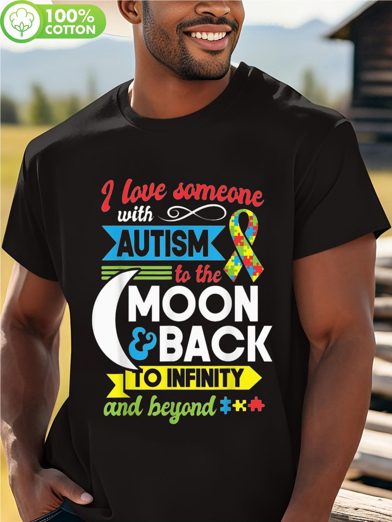 Autism Awareness T-shirt - I Love Someone with Autism to the Moon & Back Colorful Puzzle Print S