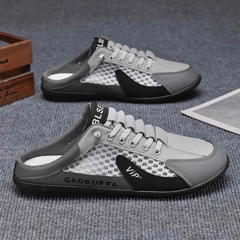 2025 autumn new breathable hole shoes men's bag head slippers mesh shoes Korean version casual half-drag men's shoes