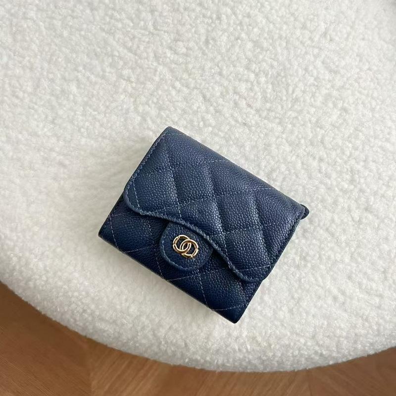 2026 New Caviar Patterned Cowhide Long Three Fold Wallet Hand-held Bag Chain Strap Crossbody Genuine Leather Women's
