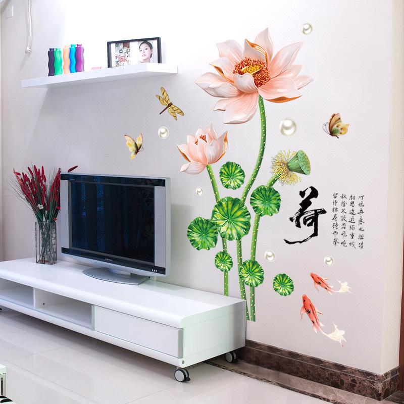 Chinese Style Lotus and Fish Wall Sticker Modern Living Room Bedroom Office TV Background Removable Home Decor Mural
