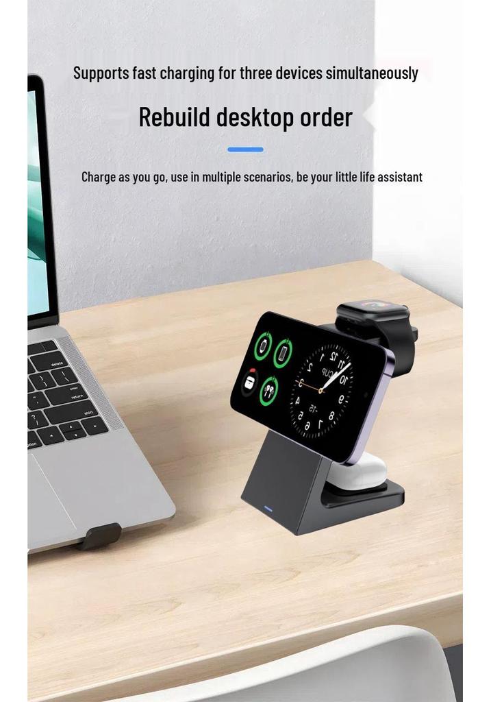 15W Magnetic Wireless Charger & Phone Holder: Compatible with Apple Earphones, Multifunctional 3-in-1 Charging Base