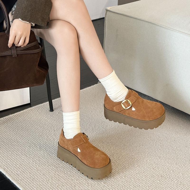 Leather retro Birkenstocks women's autumn new platform heightening loafers fashion versatile casual single shoes trend