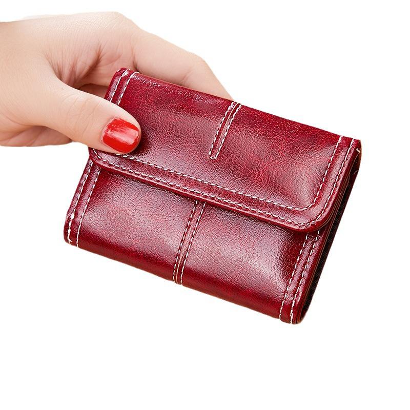 Women's Vintage Oil Wax Leather Wallet: European & American Multi-Card Accordion Mini Coin Purse