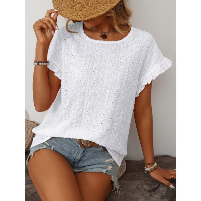 Sweet Short Sleeve Hollow Out Women T-shirt Summer New Solid Color Round Neck Top Casual Loose Sweet Ruffled Office Ladies Shirts Elegant Fashion