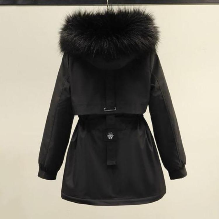 Winter Women Coat Furry Hood Thickened Plush Mid Length Jacket Long Sleeves Elastic Waist Windproof Pockets Zipper Closure