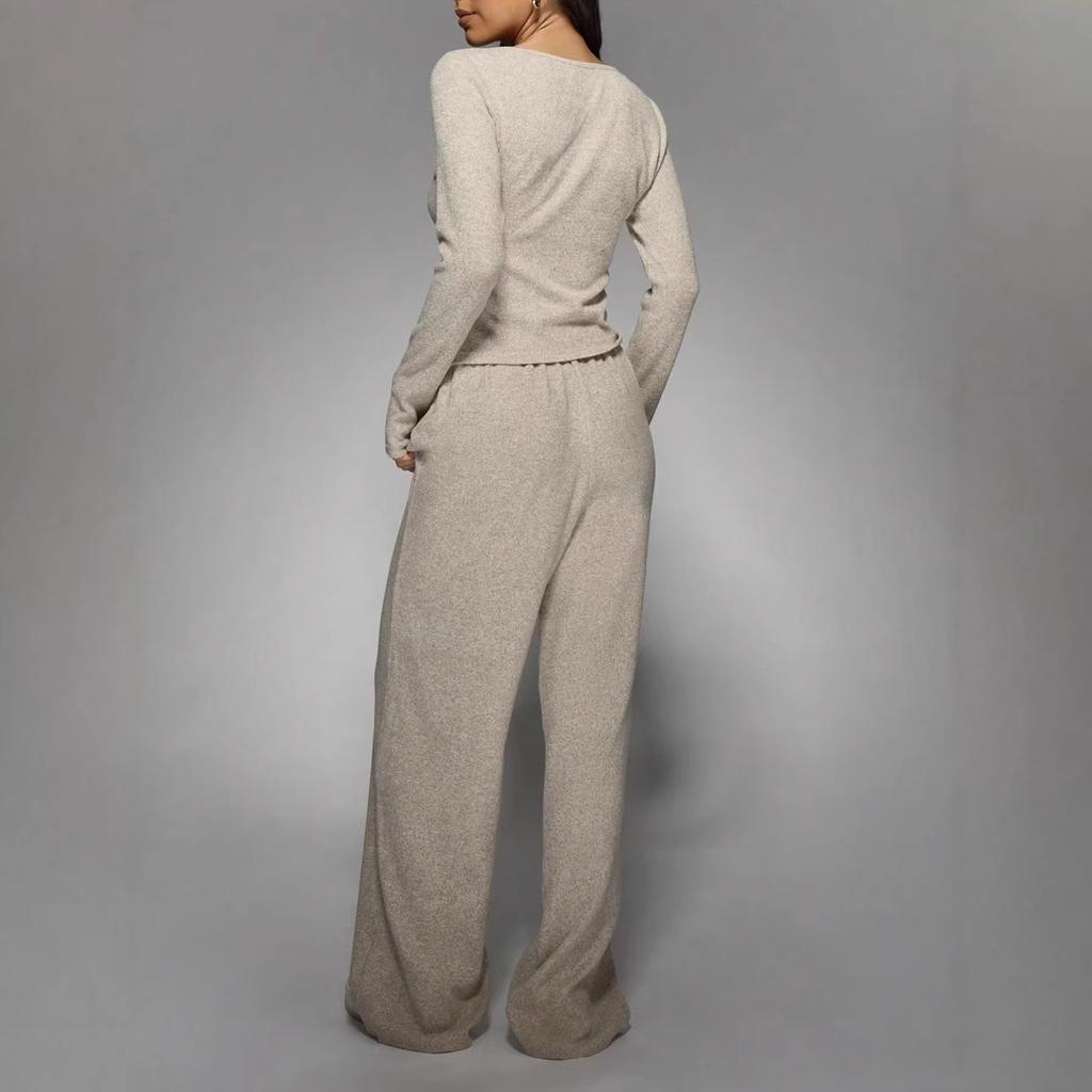 Oatmeal suit women's 1116 spring new lazy wind wool knitted sweater wide-leg pants two-piece set Europe and America