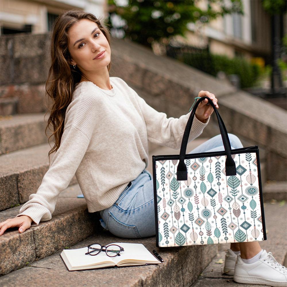 Boho Geometric Leaf Printed Casual Tote Bag Fashion Daily Use Canvas Shoulder Handbag for Women