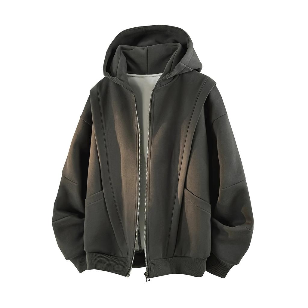 2025 New Cardigan Sweater Men's Spring and Autumn Casual Loose Stiff Heavy American Trend Splicing Long-sleeved Jacket