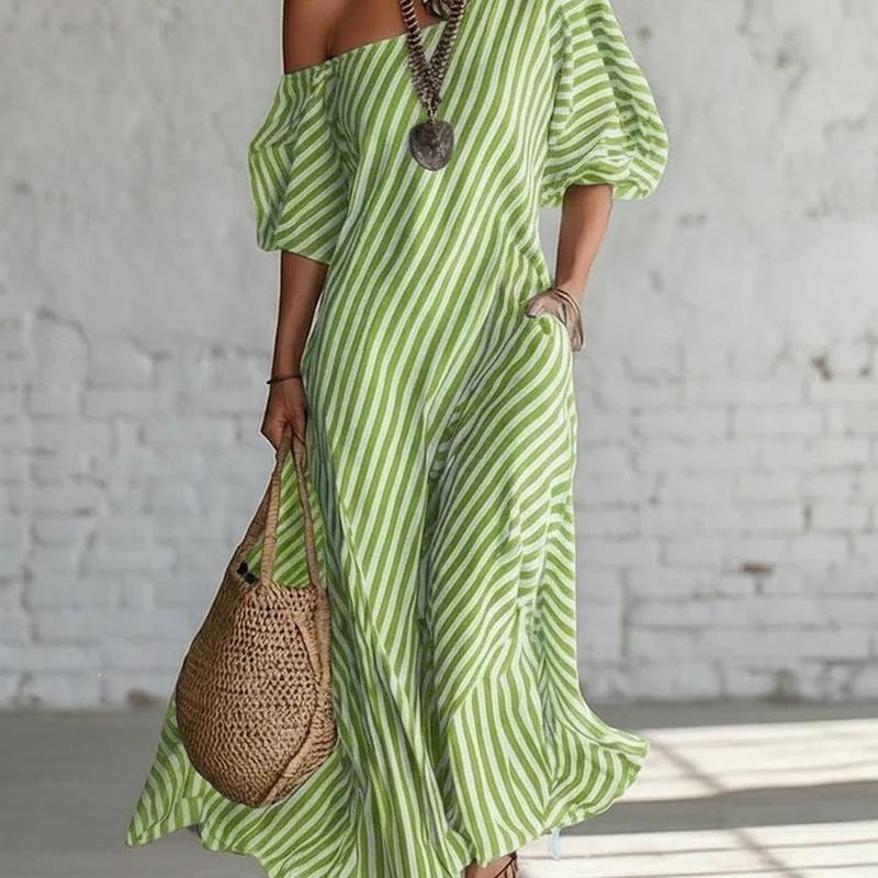 Women's Striped One Shoulder Maxi Dress Three Quarter Sleeve Loose Fit Vacation Dress