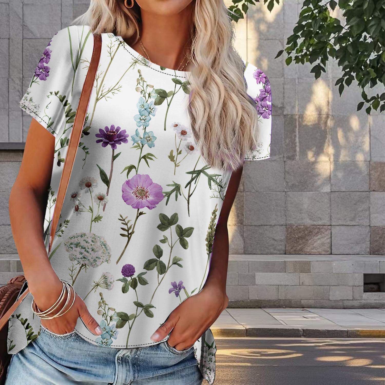

Женская летняя футболка с цветочным принтом в стиле ретро, футболки с коротким рукавом, повседневные топы с принтом 8XL белый