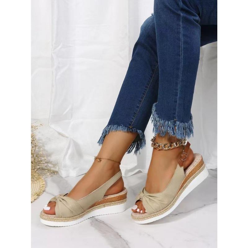 New Sandals Large Size Foreign Trade Hemp Rope Bow Wedge Casual Sandals Women's Shoes