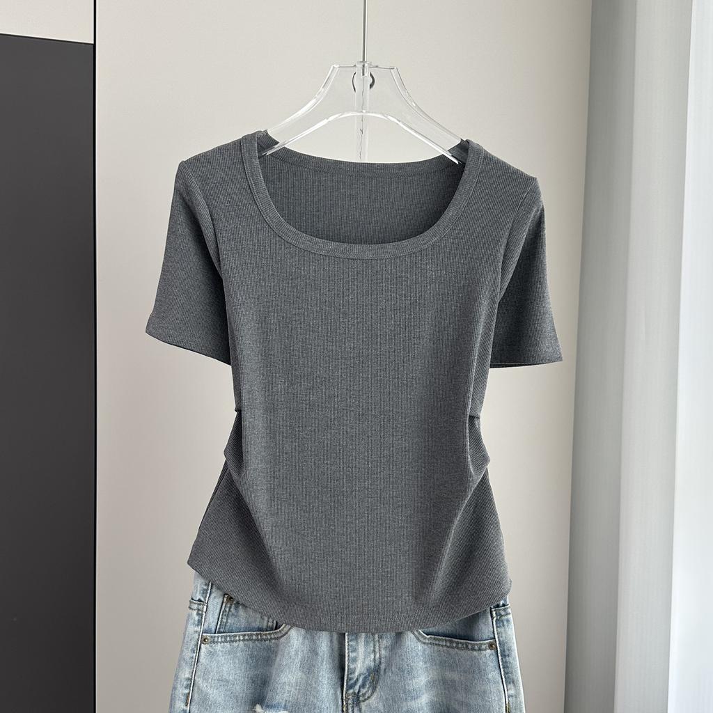 Plus Size Square Neck Standard Sleeve T-Shirt Loose Slimming Ribbed Base Top Versatile Breathable Soft Material Flattering Slim Women Top