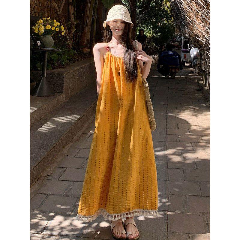 Plus size women clothing Chubby Girl Summer New Korean Style Loose Slimming Super Nice Temperament Yellow Tassel Sling Dress