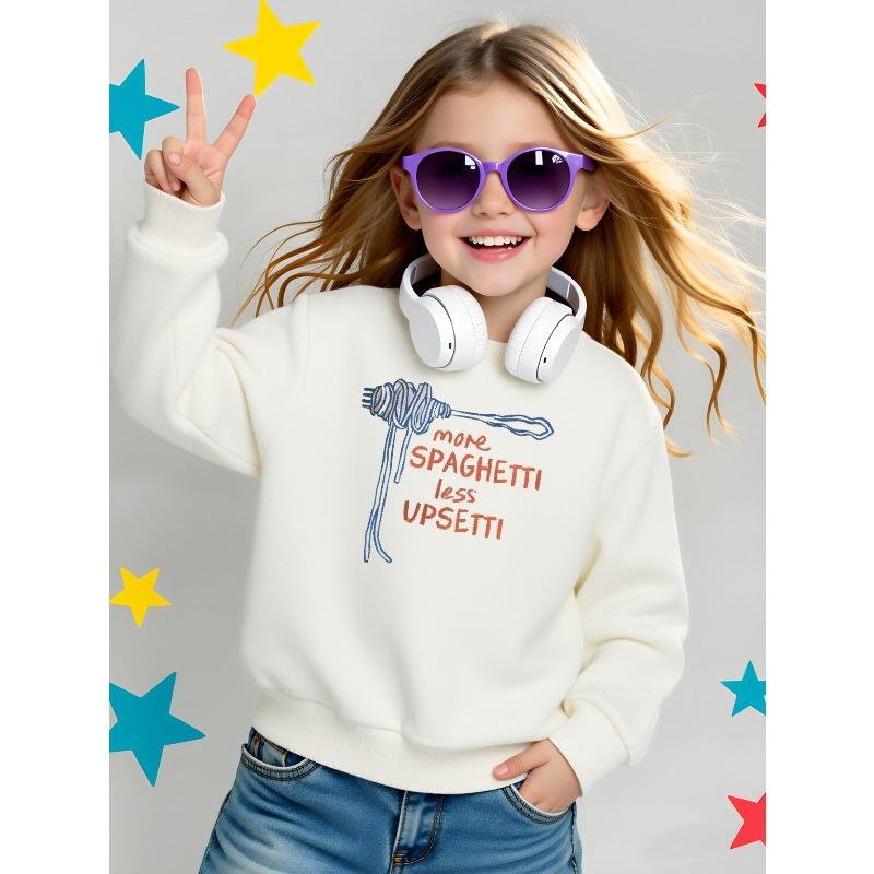 More Spaghetti Less Upsetti Girls' Crew Neck Fashion Sweatshirt, Autumn and Winter Western Style Top, Children's Long Sleeved T-shirt,