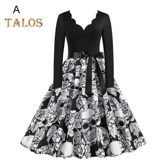 Damen Halloween Kleid A-Linie Big Swing Totenkopf Print Schnürung Schleife Gürtel Gewellter V-Ausschnitt Patchwork Plissee Lange Ärmel Party Karnevalskleid