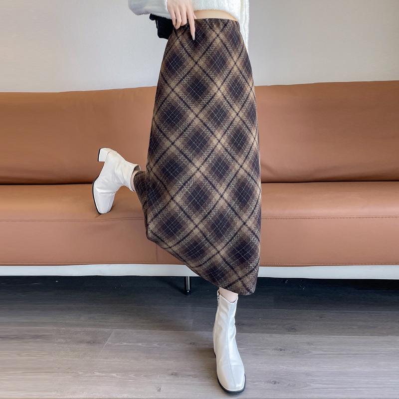 Women's Slimming High Waist Plaid Wool Midi Skirt - Retro Autumn/Winter A-Line Style