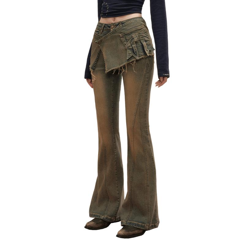 

UNIFREE American Retro Distressed Washed Flare Jeans L