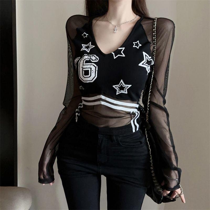 Women Mesh Transparent T-shirts Black Sexy Girls Y2K Tees Long Sleeve Deep V Fashion Lady Club Party Wear