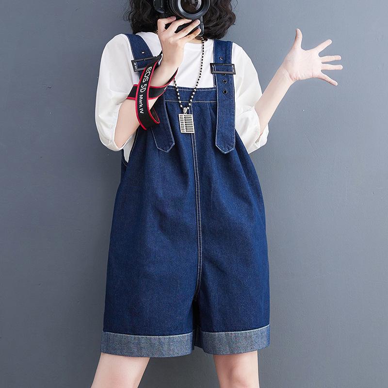 2026 Summer Washed Denim Casual Slimming Plus Size Five-Point Overalls Dress