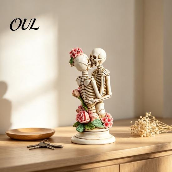Gothic Style Commemorative Gift Resin Hugging Skeleton Couple Figurine with Roses, Eternal Love Skull Stable Base Display Ornament Statue, Day of The