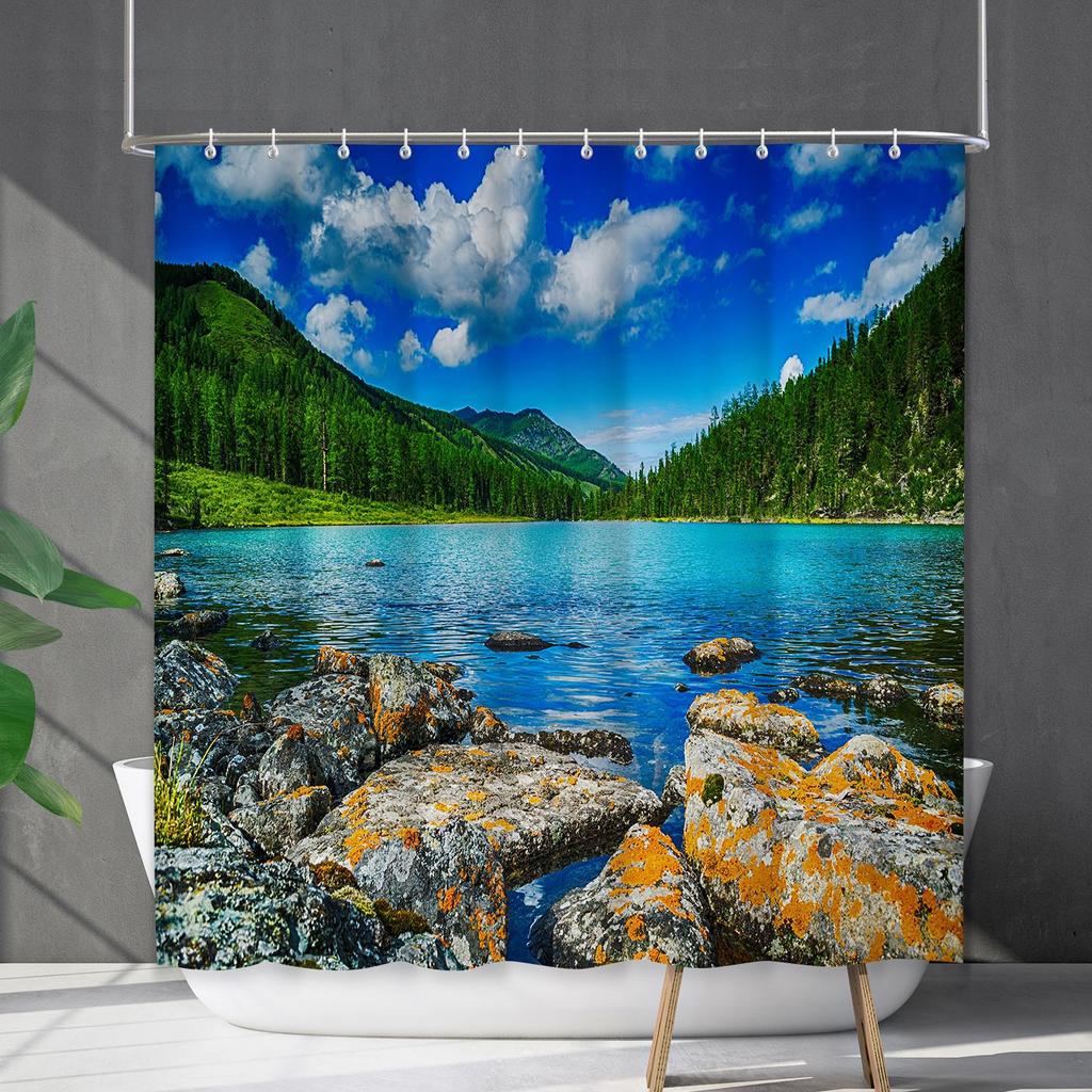 Bathroom Waterproof Curtain Digital Printing Landscape Waterfall Shower Curtain Free Punching Toilet Partition Curtain Shower Cloth