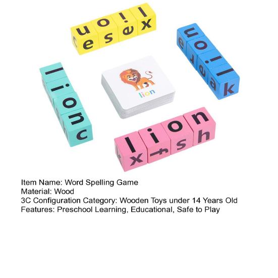 Word Spelling Game CVC Phonics Flash Card Wooden Letter Building Block Toddlers Alphabet