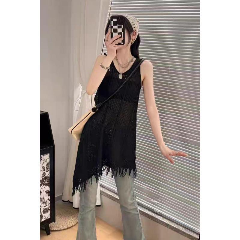 New V-neck Fringed Knitted Sleeveless Dress 2025 Fall Women's Fashion Loose Hollow Long Blouse Vest Casual Knit Tanks Top Tassel Hollow Thin Blouse