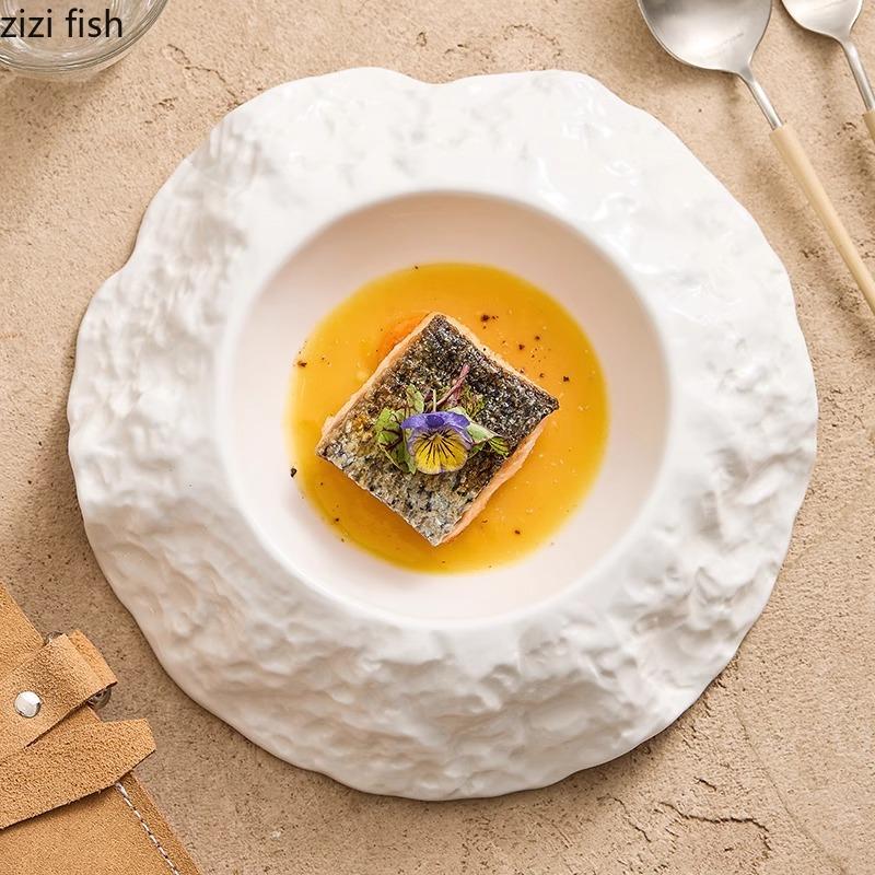 Einfarbig Unregelmäßiger Keramikteller Tief Felsmuster Dicker Suppenteller Dessert Snackteller Molekulare Küche Spezialgeschirr