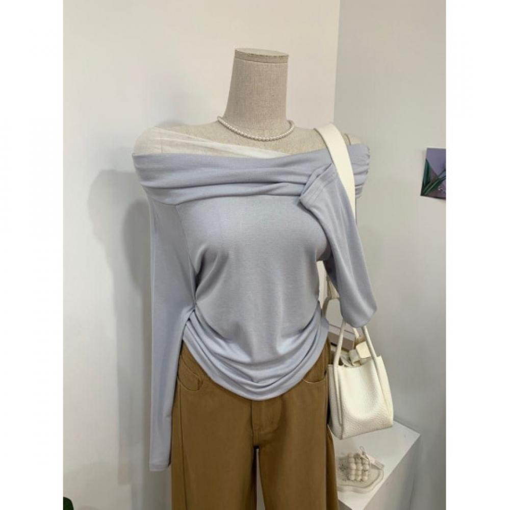 C S In The Room Sheer Layered ShirrIng Off Shoulder Long Sleeve T ShirT 4 ColorS