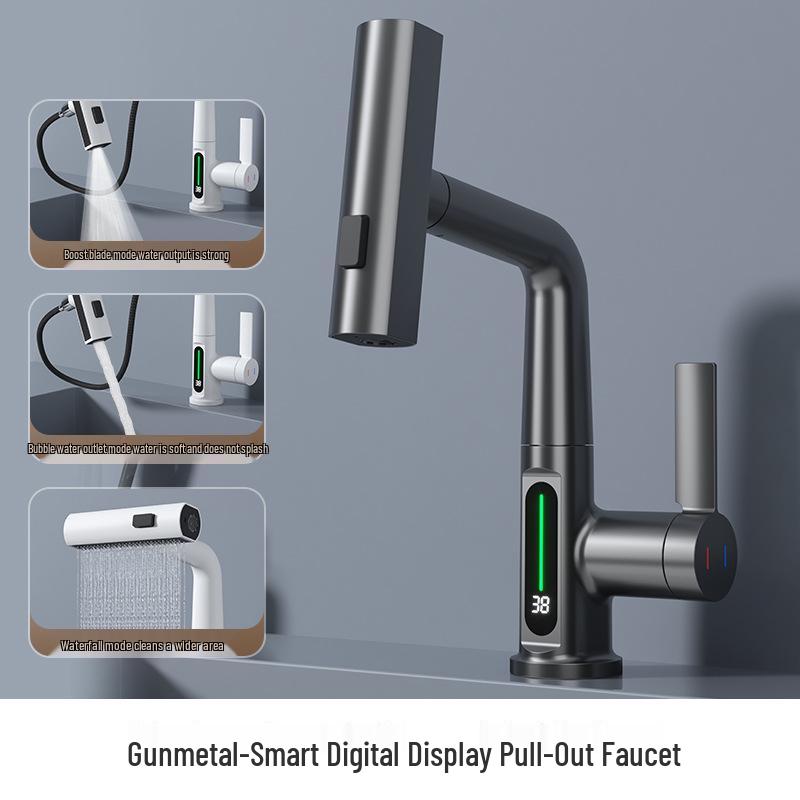 Premium White Digital Display Rain Shower Basin Faucet with Pull-out Rotating Waterfall Feature