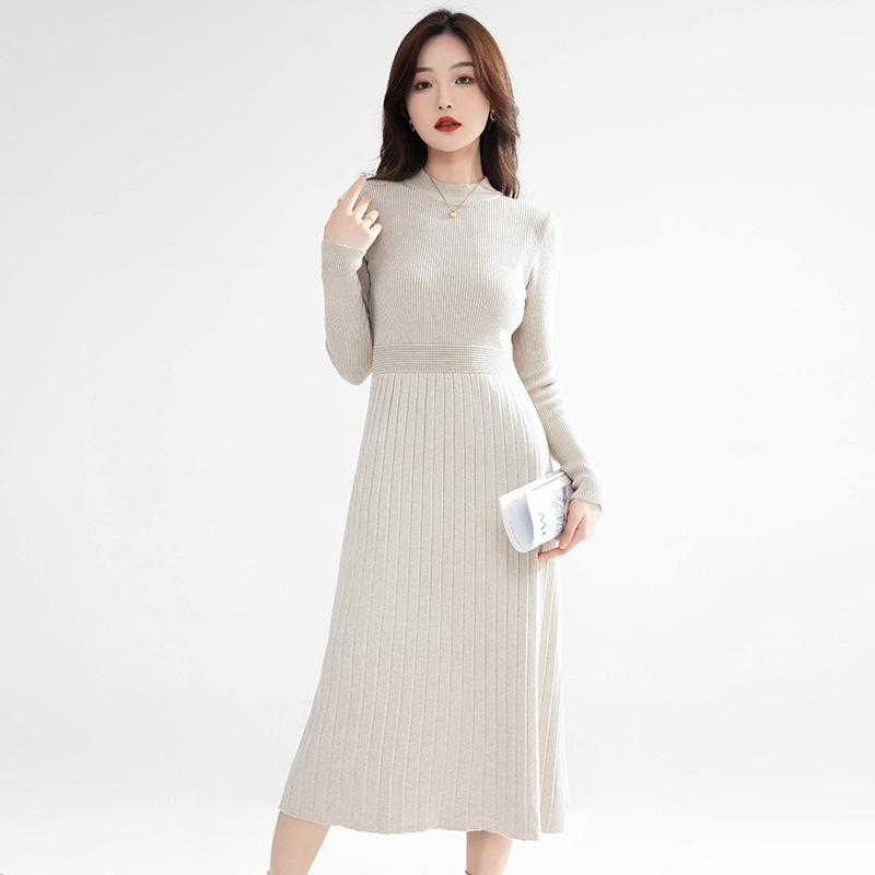 Vestido de malha grossa com cintura marcada estilo francês, moda outono e inverno, roupas femininas, suéter com base de alta qualidade, saia