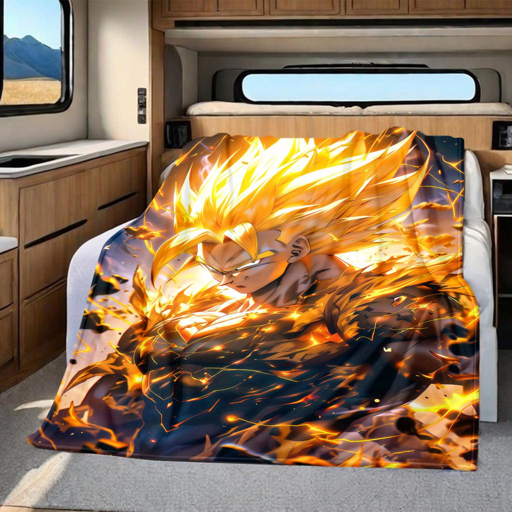 1 ks flanelová deka s potiskem Son Goku, Vysoce kvalitní pro všechna roční období, Domácí dekorace, Teplo a pohodlí, Perfektní jako vánoční dárky